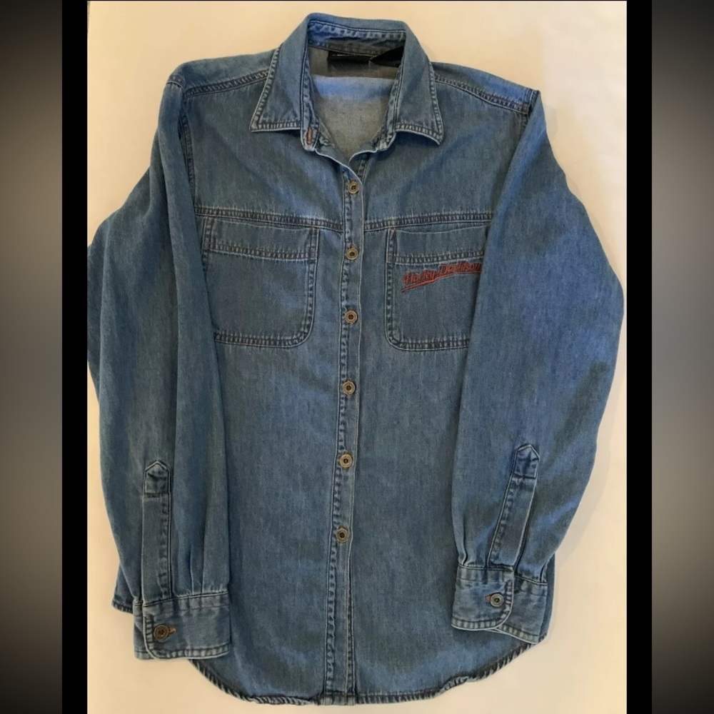 Harley Davidson Woman’s Denim Long Sleeve Button Down Front Shirt Size Medium